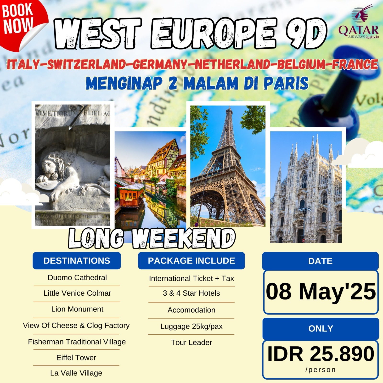 LONG WEEKEND! WEST EUROPE 9D BY QR 08MAY
